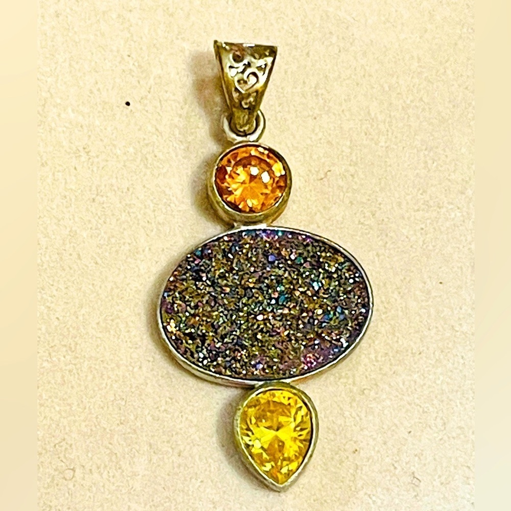 Sterling 925 Silver titanium Druzy Quartz Pendant Citrine Gemstone Handmade